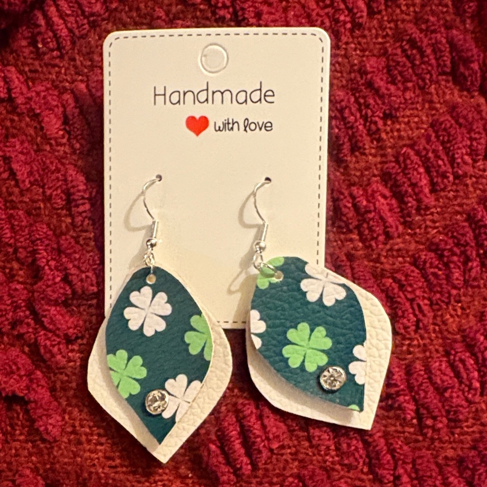 Green and White Clover Leaf Earrings
